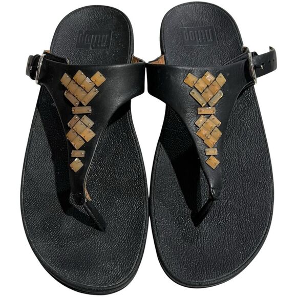 FitFlop Black Faux Leather Rhinestone Flip Flop Sandals -‎ Women’s Size 8 - Picture 1 of 7